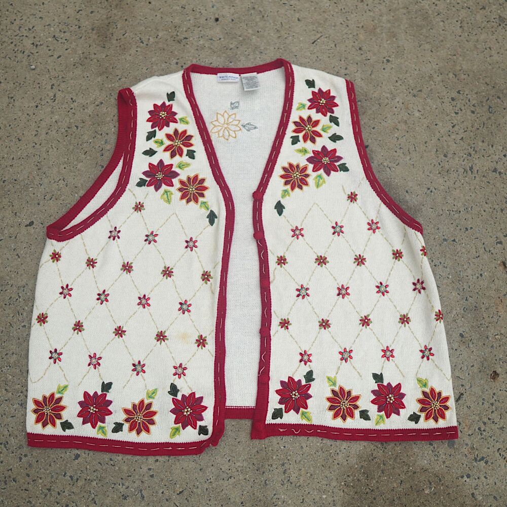 VTG White Stag Plus Size 26W 28W Christmas Poinsettia Beaded Sweater Vest Ivory